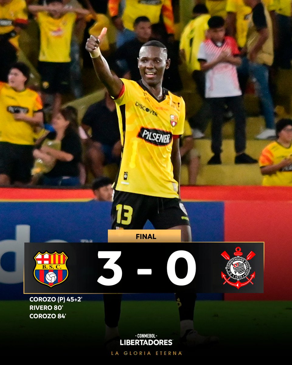 🇪🇨🥳 ¡Acá está <a href="/BarcelonaSC/">BARCELONA S.C.</a>!

🟡🏆 Venció 3-0 a <a href="/Corinthians/">Corinthians</a> por la ida de la Fase 3 de la CONMEBOL #Libertadores y se ilusiona con un lugar en la Fase de Grupos.

#GloriaEterna