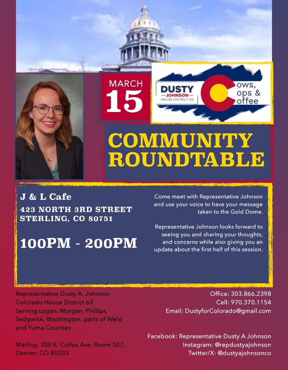 DustyAJohnsonCO's tweet image. SAVE THE DATE: Community Roundtable on Saturday, March 15th, from 1:00PM to 2:00PM at J&amp;amp;L Cafe in Sterling. I hope to see you there!
#HD63 #ComeToTheTable #RoundtableDiscussion #VoiceFromPlainsToGoldDome