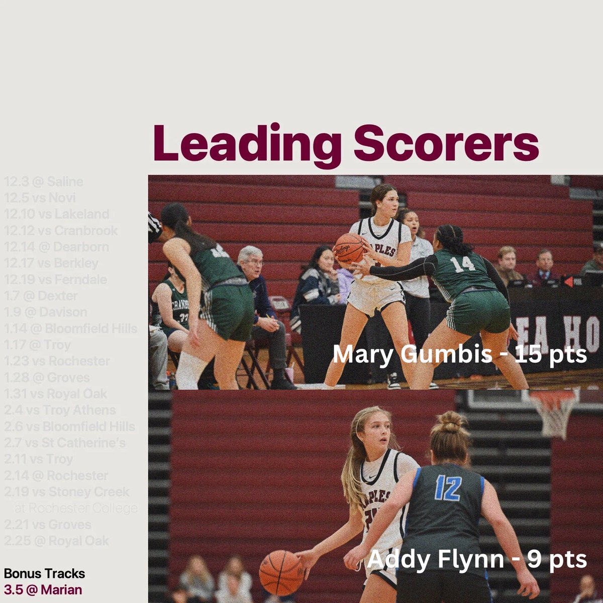 Seaholm Girls’ Basketball (@seaholmgbb) on Twitter photo Here are tonight’s leading scorers against Marian.
Taylor Hartwig and Sophie Sullivan contributed with amazing defense all 32 minutes while Ella Koosis and Emma Weber made key contributions.
We wouldn’t want any other group of girls!
#ItTakesMore #GoMapes <a href="/cmanchester22/">Chris Manchester</a> Here are tonight’s leading scorers against Marian.
Taylor Hartwig and Sophie Sullivan contributed with amazing defense all 32 minutes while Ella Koosis and Emma Weber made key contributions.
We wouldn’t want any other group of girls!
#ItTakesMore #GoMapes <a href="/cmanchester22/">Chris Manchester</a>