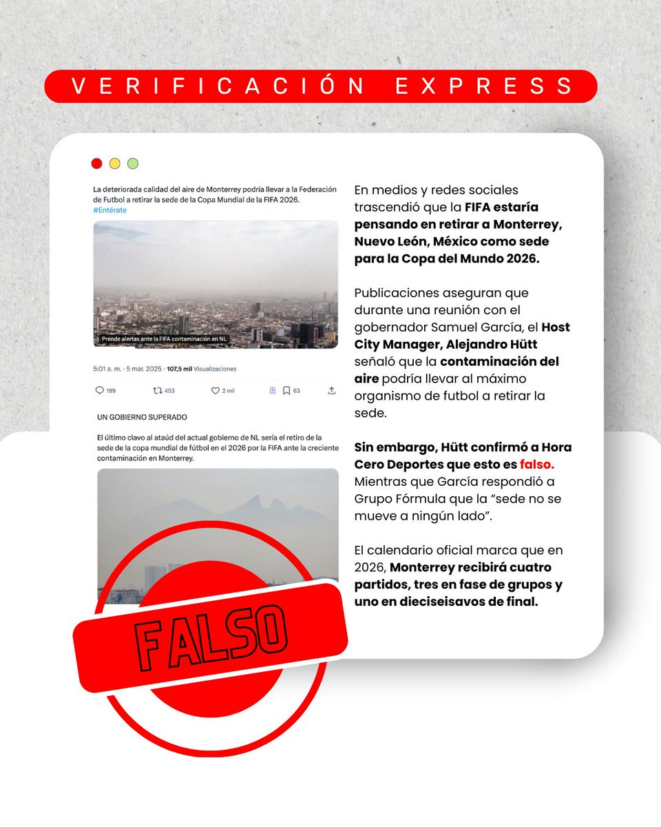 Resultó ser falso que la #FIFA podría retirar sede a #Monterrey por los altos niveles de contaminación del aire. ⚽️❌

¿Tú qué opinas? 🧐