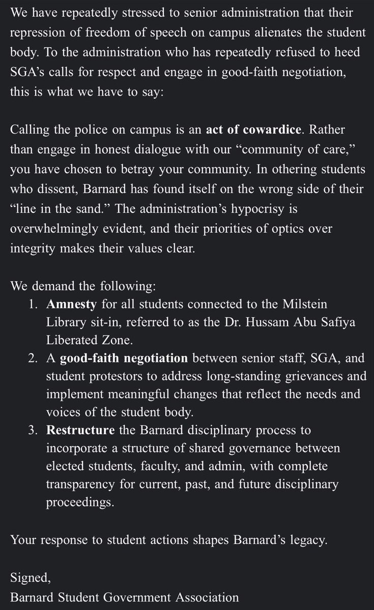 a letter from the Barnard Student Government to <a href="/preslrosenbury/">Laura Rosenbury</a> . We, the student protestors, are the true Barnard college community and any attempts to foment sectarianism are futile.