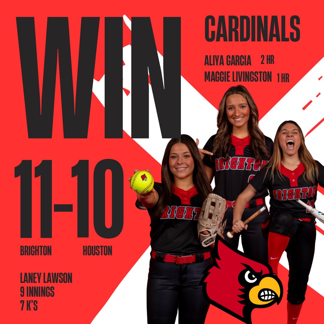 Brighton defeated Houston walk off style in 9 IN. Laney Lawson threw all 9, striking out 7. Aliya Garcia had 2 HRs / 4 RBIs, Maggie Livingston had 1 HR / 3 RBIs, &amp; Keagan Stepp had 2 RBIs. Kaitlyn Chapman tallied 2 hits while Aeryl Potter, McCain, Lopez, &amp; Scott had 1 hit each.