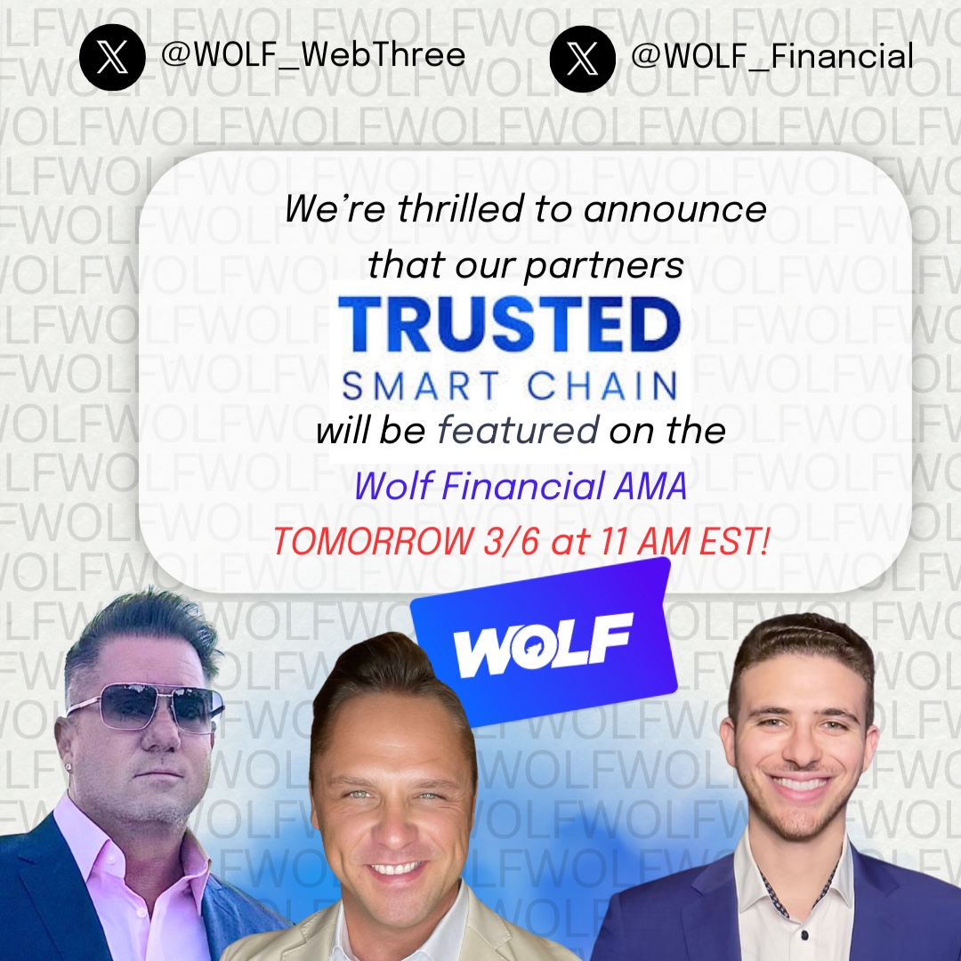 t7x0io's tweet image. 🚨 Don’t miss out! Tomorrow at 11 AM EST, Trusted Smart Chain is going LIVE on the Wolf Financial AMA! Tune in for exclusive insights, set your alarms and get ready to learn from the best in blockchain!  #TrustedSmartChain #WolfFinancial #DeFi #CryptoAMA #BlockchainInnovation