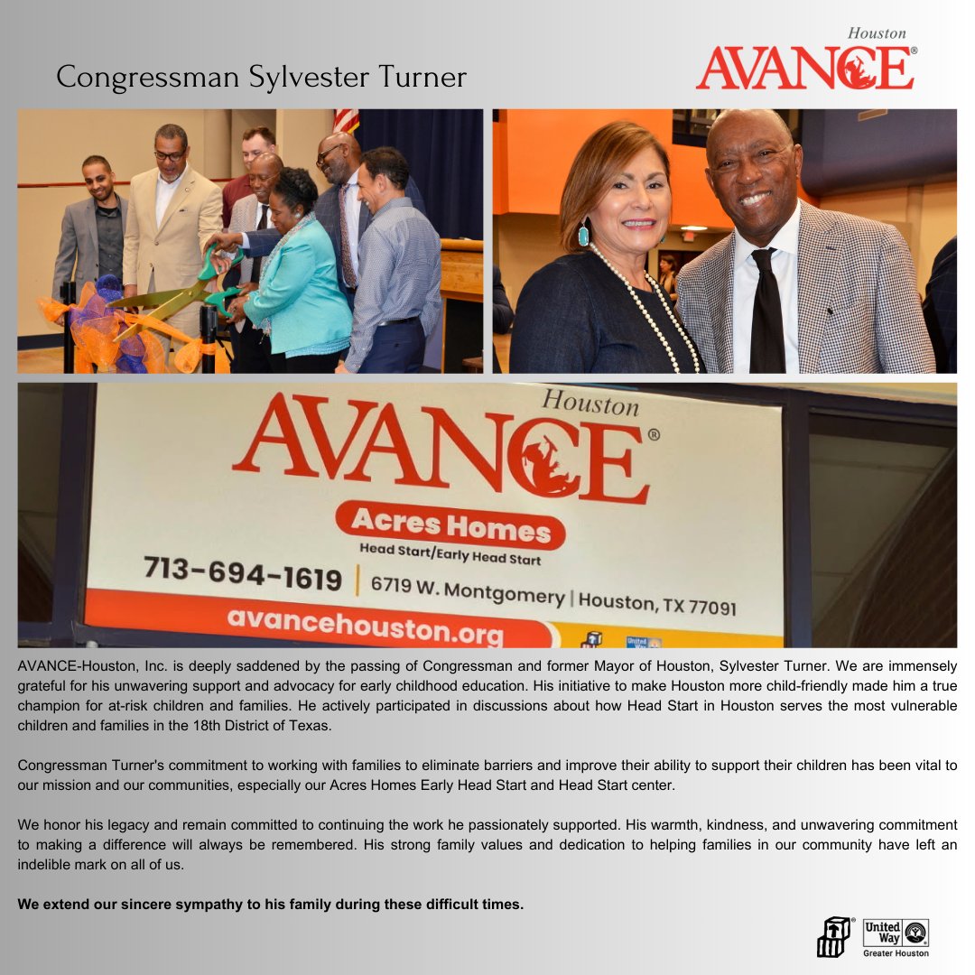 We mourn the loss of Congressman &amp; former Mayor Sylvester Turner. His dedication to early childhood education &amp; at-risk families has left a lasting impact. We honor his legacy and continue the work he championed. Our condolences to his family. #LegacyOfService #Houston
