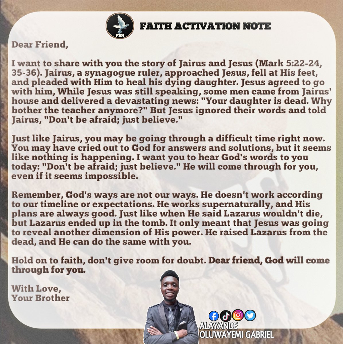 Oluwayemi_17's tweet photo. Hey friend π,
Faith Activation Notes.
Hold on to faith, Don't give room for doubt. Dear Friend, God will Come through for you.
#FaithActivationNote
#Daysix
#holdontofaith https://t.co/8cWsNS2p0x