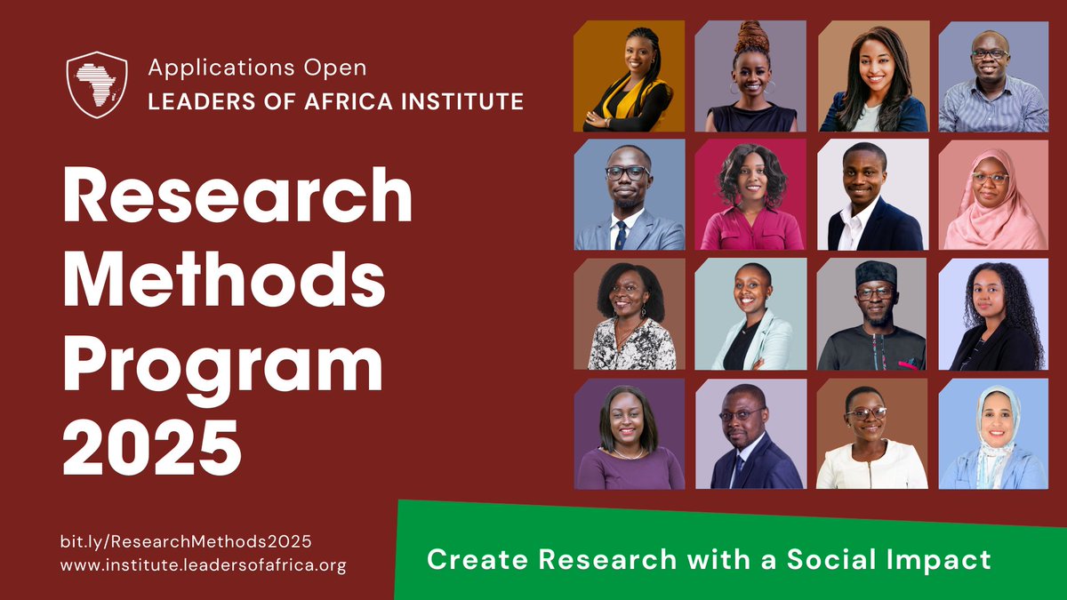 📢 Applications for the Research Methods Program 2025 at the Leaders of Africa Institute <a href="/LeadersAfrica/">Leaders of Africa</a>  are now open.
ℹ️ Learn more about the program and the Impact Scholarship available to accepted applicants here ➡ bit.ly/ResearchMethod… #SDG #research #socialimpact