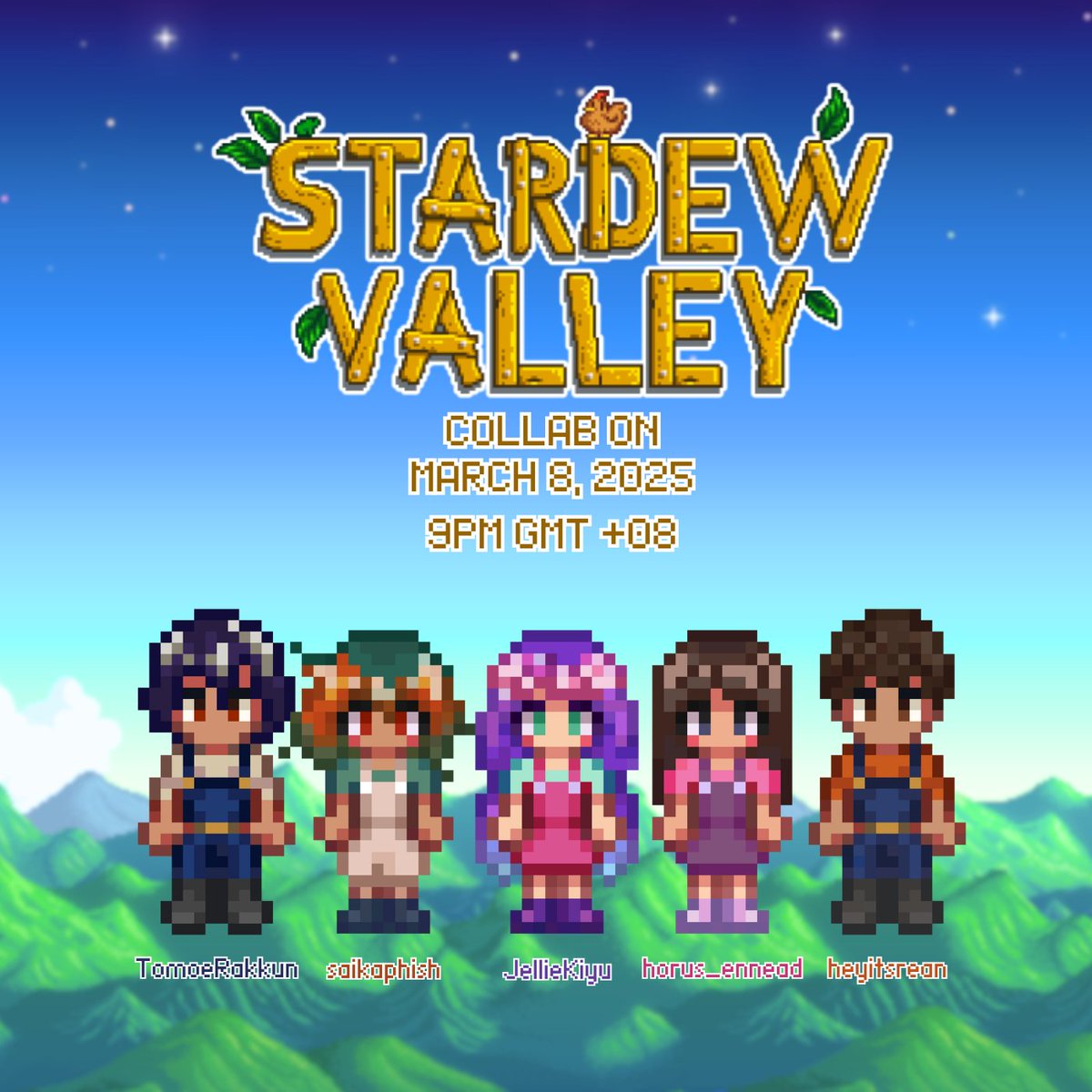 AHHHH!!! I'm so excited to announce that I'll be playing Stardew Valley with <a href="/TomoeRakkun/">Rakkun</a> <a href="/saika_da_phish/">SaikaPhish |COMMISSIONS OPEN</a> <a href="/_Pisces_12/">Adam.VII</a> and <a href="/heyitsrean/">rean // happy scouting month!</a>💜💜

It'll be happening on March 8, 2025, Saturday, on 9PM Philippines time :D I'll see you there! 🪼💜