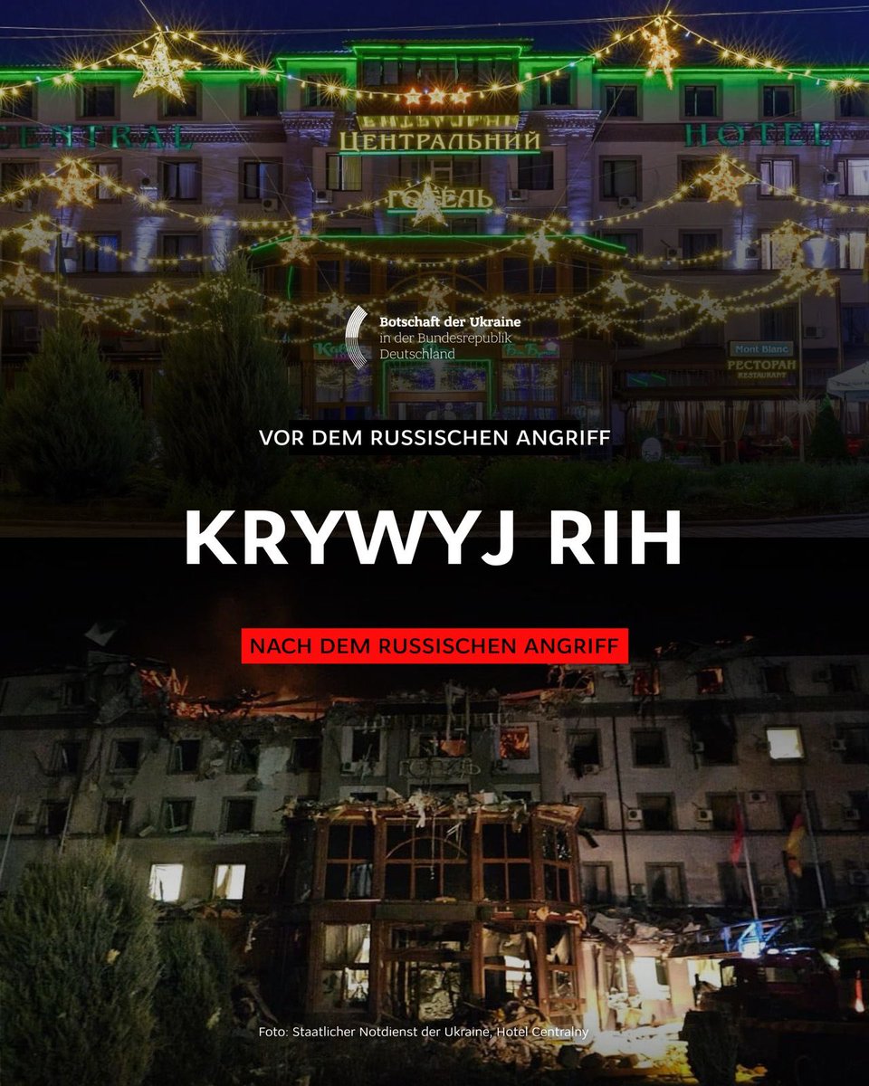Mindestens 28 Verletzte und zwei Tote. Ein Hotel in Krywyj Rih angegriffen von einer russischen ballistischen Rakete. Ein weiteres russisches Kriegsverbrechen. Ein weiterer Beweis: Russland will keinen Frieden. Wer immer noch Russlands Worten glaubt, ignoriert seine Taten.