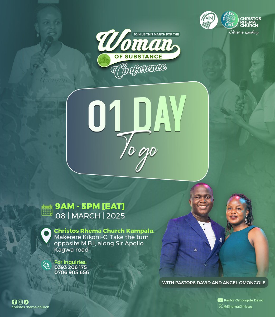 RhemaChristos's tweet photo. 0️⃣1️⃣DAY to gooo...!
💃💃💃💃💃💃💃💃
Every lady is reminded of Woman of Substance Conference happening this Saturday
From 9am to 5pm at Christos Rhema Church in Makerere Kikoni C
Ensure to share the reminder with all your lady friends so that they don't miss.
#WOSConference https://t.co/ny3zolH6gv