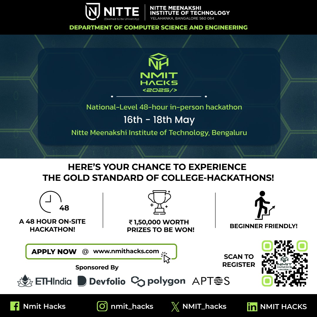 NMIT_Hacks's tweet photo. Registrations are now open for NMIT HACKS 2025 💻
https://t.co/2yBHyTYNl5

Date: 16th to 18th May 2025
Venue: NMIT Bengaluru Campus (Offline mode)

Visit https://t.co/TyJBcCacj1 for more details!
.
.
#nmithacks #hackathon #registrations #hack #innovation #prizepool #exciting https://t.co/Ht2dcR7Sd7