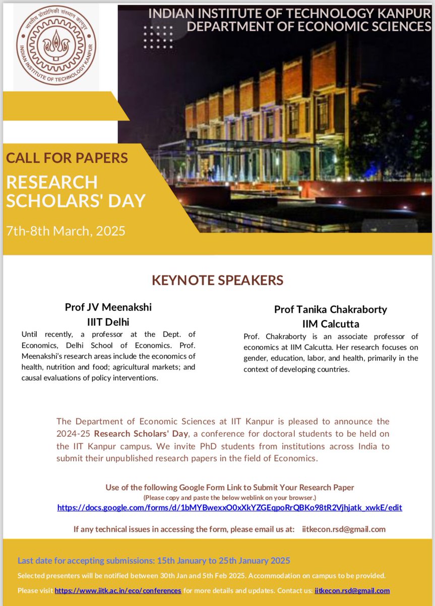 IIT Kanpur Economics (@iitk_econ) on Twitter photo We are excited to have the Research Scholars’ Day 2025 from 7-8 March 2025 in the Department of Economic Sciences, IIT Kanpur. Do watch out for some interesting research from upcoming PhD researchers and for two amazing keynote speakers, @jvmeenakshi and <a href="/tanikac/">Tanika Chakraborty</a>. We are excited to have the Research Scholars’ Day 2025 from 7-8 March 2025 in the Department of Economic Sciences, IIT Kanpur. Do watch out for some interesting research from upcoming PhD researchers and for two amazing keynote speakers, @jvmeenakshi and <a href="/tanikac/">Tanika Chakraborty</a>.