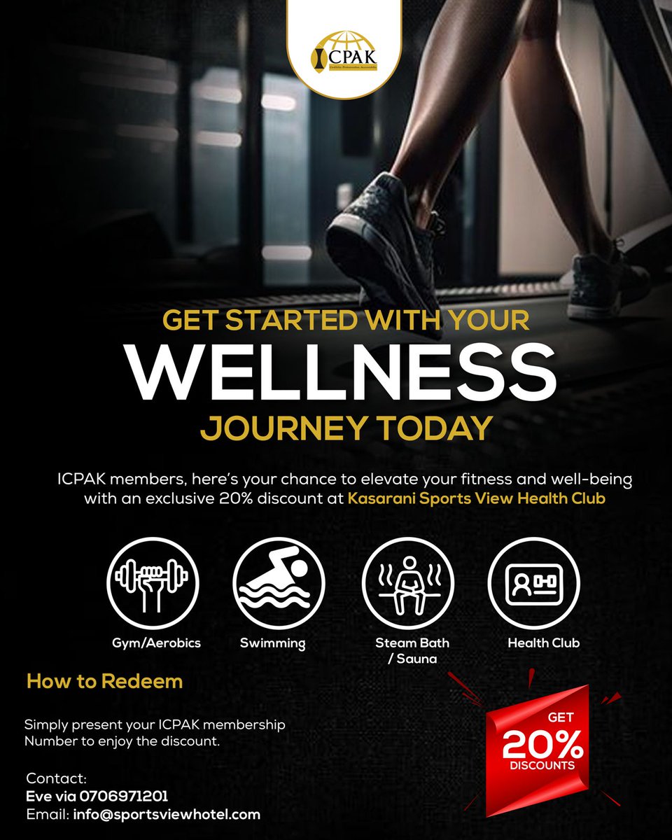 ICPAK_Kenya's tweet photo. Are you an ICPAK member? Take care of your well-being with a special 20% discount at Kasarani Sports View Health Club. Access and download your exclusive member benefits here: https://t.co/cmtJYEnXj1 #ICPAKMemberValueAdd @Sportsviewhotel ^CA https://t.co/mNBI5ZnnEn