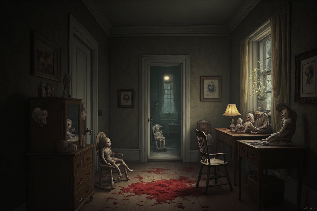PromptSin's tweet image. In a haunting room, life-sized dolls watch as shadows linger on crimson-stained floors. 🎭🩸 #Surrealism #Art #CreepyVibes