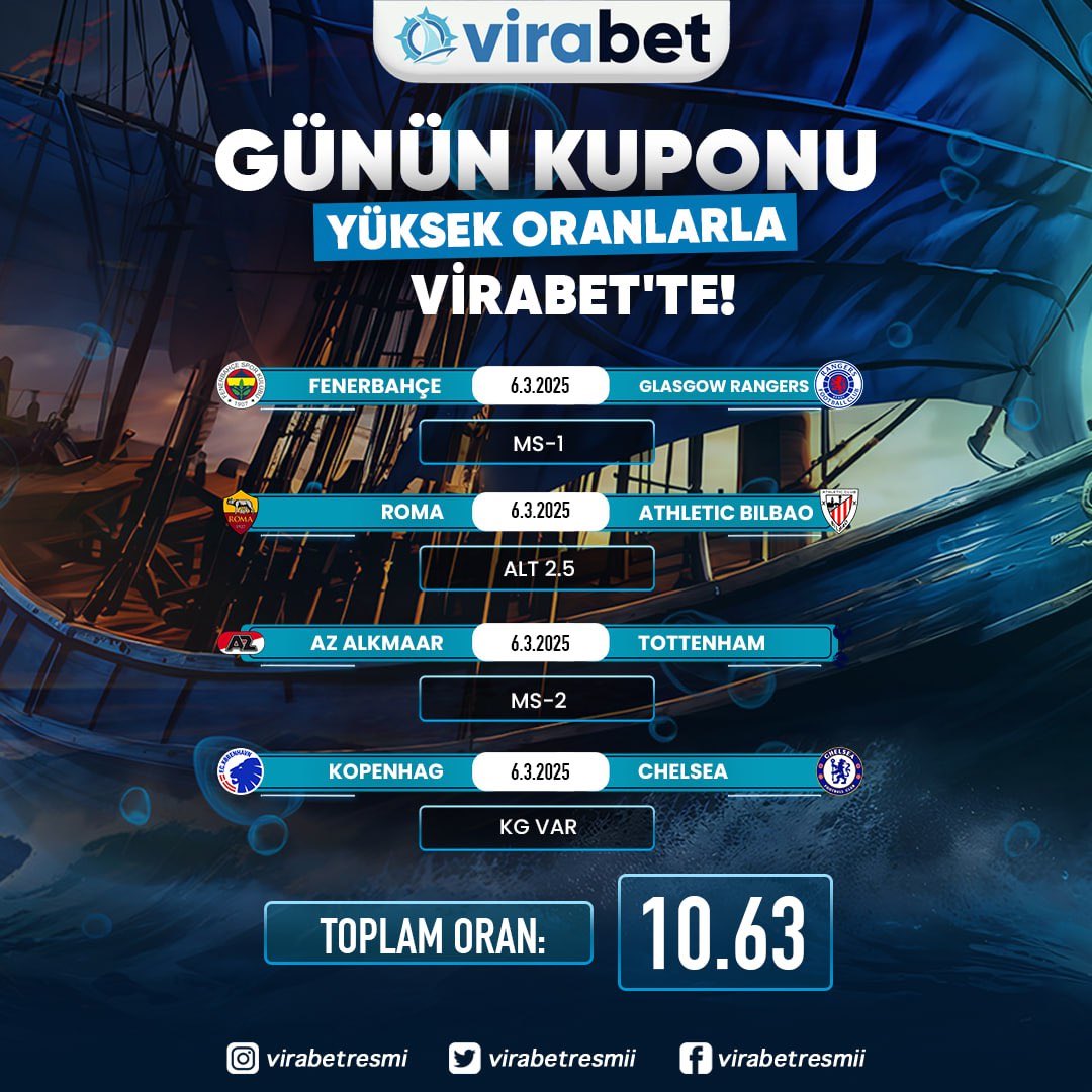 📣 VİRABET'TEN GÜNÜN KUPONU‼️⚽️ FENERBAHÇE 🫠  RANGERS✅ MS : 1⚽️ ROMA 🫠  ATH. BİLBAO✅ ALT : 2.5⚽️ AZ ALKMAAR 🫠  TOTTENHAM✅ MS : 2⚽️ KOPENHAG 🫠  CHELSEA✅ KG VAR💰 Oran:  1️⃣0️⃣ : 6️⃣3️⃣🌟En Yüksek Oranlarla Bahsin Adresi