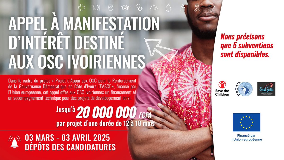 Deux appels à propositions de projets en faveur des Organisations de la société civile sont ouverts, financés par l’🇪🇺.
Suivez les détails ici

Plus d’infos ici : 
bit.ly/43jtH6A
bit.ly/4bnOaJk

#DéveloppementLocal #Gouvernance #UE #SaveTheChildren