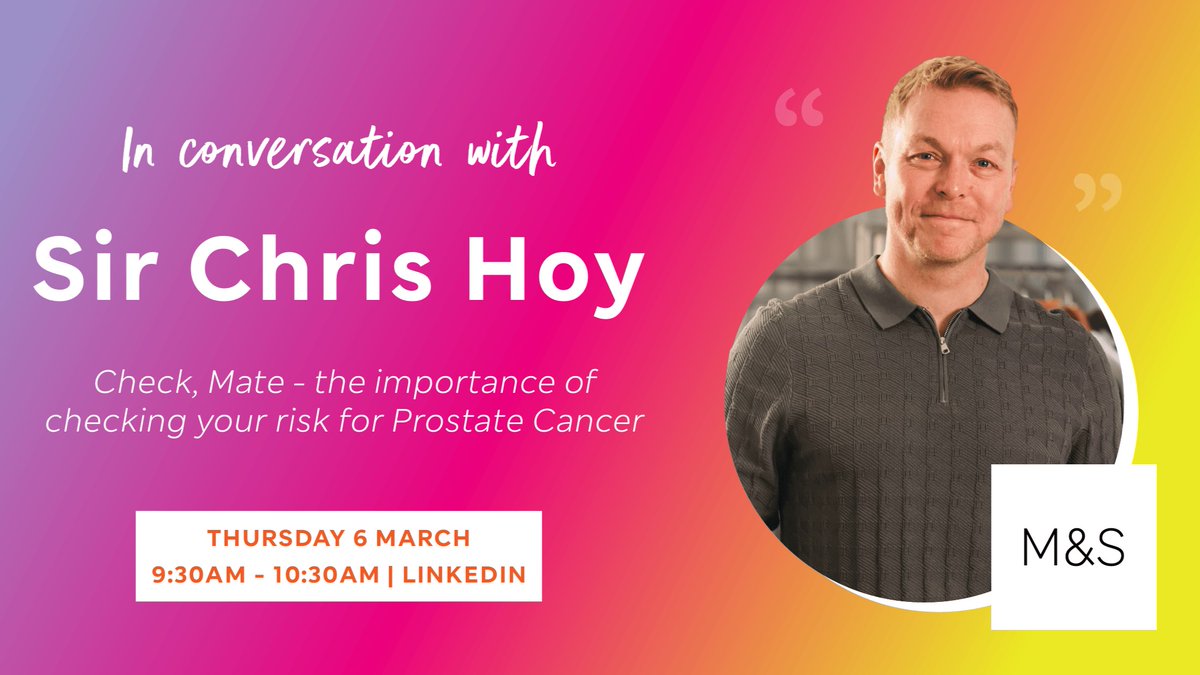 Prostate Cancer UK (@prostateuk) on Twitter photo Join us at 9:30am on @MarksandSpencer's LinkedIn Live ⏰
Our Director of Health Services, Equity & Improvement, Chiara De Biase (<a href="/oscdebosc/">Chiara De Biase</a>), is set to join Sir @ChrisHoy and others for a conversation about #ProstateCancer.
➡️ Register here: bit.ly/3QytC7g
@MandSNews Join us at 9:30am on @MarksandSpencer's LinkedIn Live ⏰
Our Director of Health Services, Equity & Improvement, Chiara De Biase (<a href="/oscdebosc/">Chiara De Biase</a>), is set to join Sir @ChrisHoy and others for a conversation about #ProstateCancer.
➡️ Register here: bit.ly/3QytC7g
@MandSNews