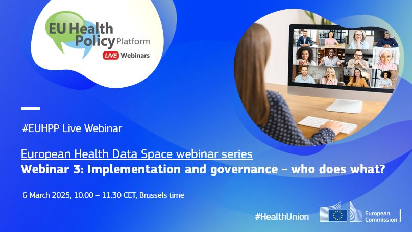 🔴3rd live #EUHPP webinar on the European Health Data Space (EHDS) today!
Tune in at 10:00 CET to learn about the implementation and governance of EHDS.
🔗europa.eu/!3NyvBJ
#HealthUnion