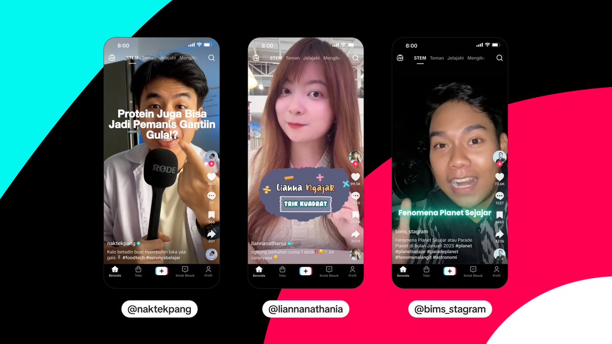 TikTokComms's tweet photo. Exciting news! TikTok STEM Feed is now available in Indonesia! 🎓🔬⚙️ Discovering inspiring science, tech, engineering, and math is easier than ever. We're thrilled to continue to grow with our creators and inspire TikTok communities through #STEMtok! 🌍✨ #STEMFeed #LearningOnTikTok https://t.co/eDsUvUq6m4