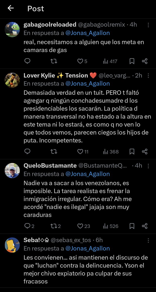 Hay un hilo completo de chilenos pidiendo expulsar o meter en cámaras de gas a todos los venezolanos.

A todos, no al Tren de Aragua, a todos.