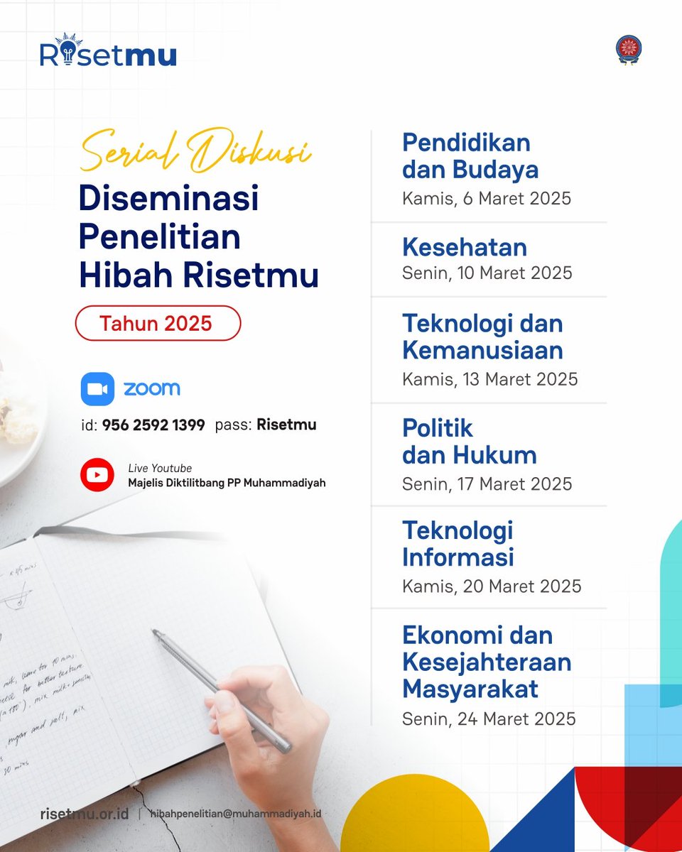 Serial diskusi "Diseminasi Penelitian Hibah Risetmu Tahun 2025" diadakan! Catat tanggalnya, yaaa✨️

#Muhammadiyah #Diktilitbang #KampusMuhammadiyah #RisetMuhammadiyah