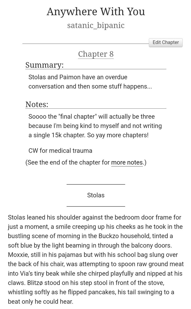 Satanic BiPanic (@satanic_bipanic) on Twitter photo Whew, made my self-imposed deadline (barely)!
Day 7 of #StolitzWeek2025 Prompt: new experiences <a href="/StolitzWeek/">STOLITZ WEEK 💌</a>
Chapter 8/10 of Anywhere With You! Lots of domestic fluff and some angst and hurt/comfort because Stolitz! I hope you like it! ʘ‿ʘ
archiveofourown.org/works/62906524… Whew, made my self-imposed deadline (barely)!
Day 7 of #StolitzWeek2025 Prompt: new experiences <a href="/StolitzWeek/">STOLITZ WEEK 💌</a>
Chapter 8/10 of Anywhere With You! Lots of domestic fluff and some angst and hurt/comfort because Stolitz! I hope you like it! ʘ‿ʘ
archiveofourown.org/works/62906524…