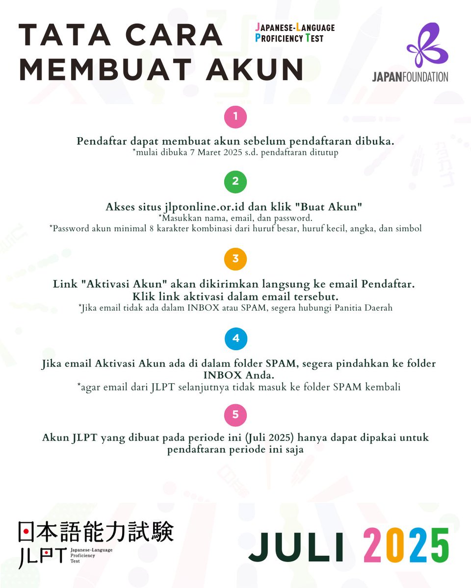 JF_Jakarta's tweet photo. PENGUMUMAN PENDAFTARAN UJIAN JLPT 2025 (JULI)

Jadwal Pendaftaran:
11 Maret (09:00 WIB) s.d. 20 Maret 2025 (23:59 WIB)
(sesuai jadwal pembukaan daerah masing-masing)

Pembuatan Akun:
Mulai 7 Maret 2025, pukul 09:00 WIB

Tempat Pendaftaran:
https://t.co/B7LrVMTAuK  (link di BIO) https://t.co/4sdHBt9XA2