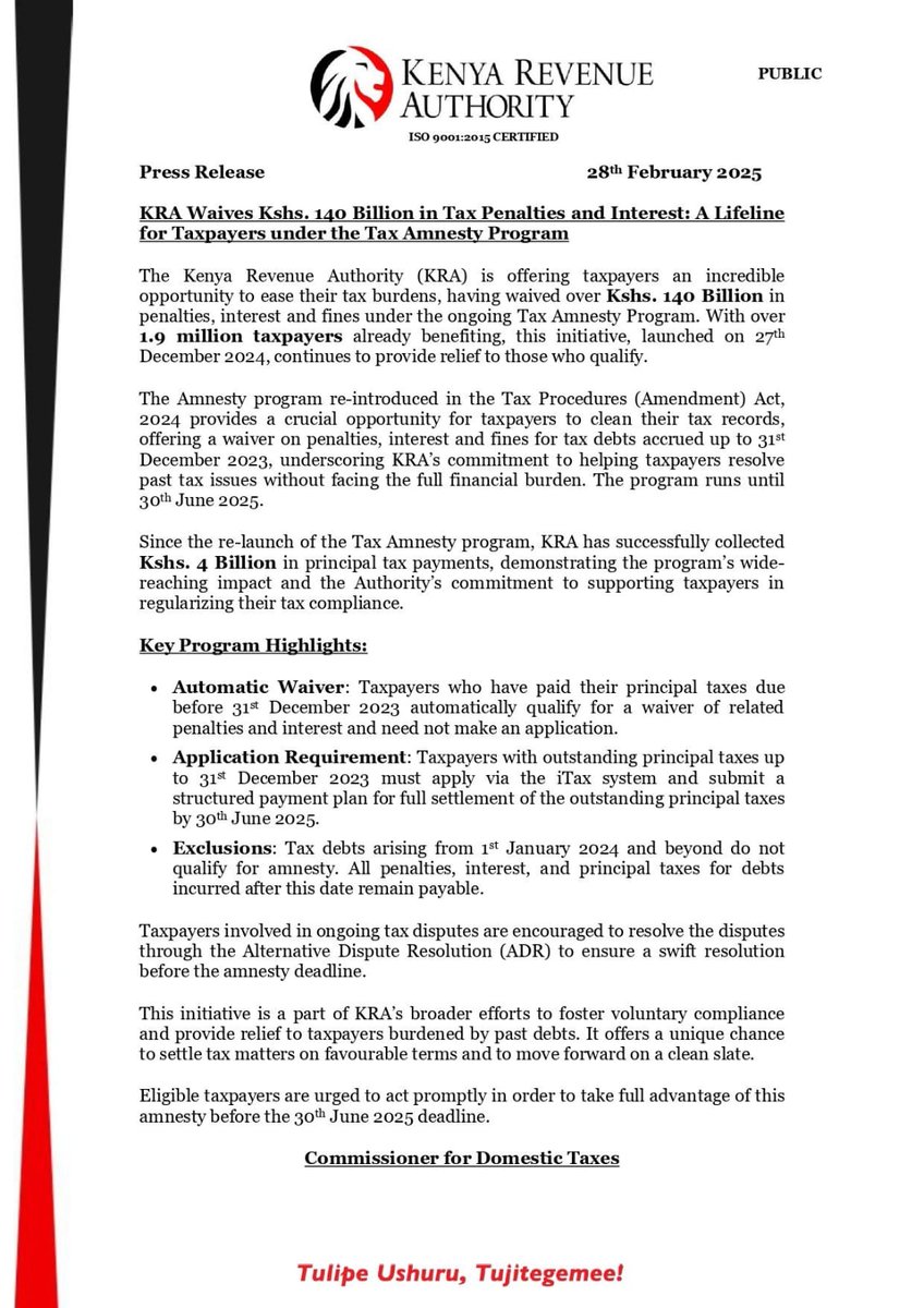 Are you facing tax penalties and interests for your 2024 returns? Engage us for help in bouncing back to compliance with the newly announced Waivers worth Kes.140 billion.  WhatsApp: +254713180144 #IdeasThatProfit