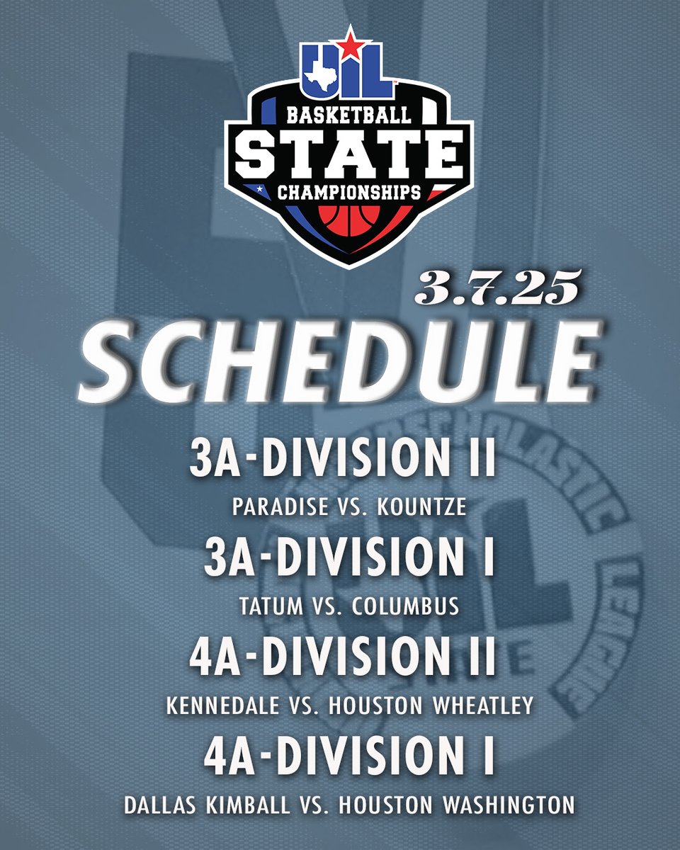 One game. One shot at glory. 🏆🔥

🏀 State Info: uiltexas.org/basketball/sta…
📖 Program: adobe.ly/3CLMrR5
📺 Stream Live: bit.ly/3Y7zeH7
📊 Live Stats: bit.ly/UILLiveStats
🎟️ Tix: bit.ly/4hZT7uh