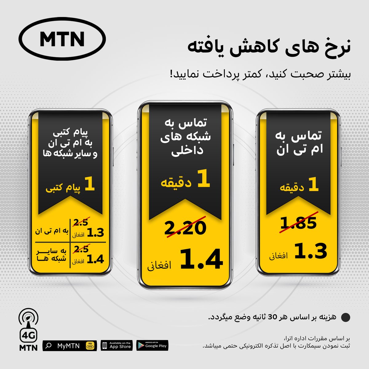 AtomaAfg's tweet image. بیشتر صحبت کنید، کمتر پرداخت نمایید!
با نرخ های کاهش یافته ام تی ان به تمام شبکه های داخلی زنگ بزنید و بیشتر صحبت نمایید و از انترنت سریع مستفید شوید.
هزینه بر اساس هر 30 ثانیه وضع می گردد.

#MTNAfghanistan #PayAsYouGo