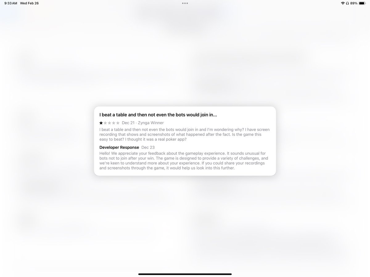 DivinityRay's tweet image. Oh silly Zynga Poker, I see that you’re adjusting the wording in  response to the “bots”. It’s better, but ur still denying.

We know they’re your bots. You know they’re your bots. 
Why do you insist on being sly like we’re dumb?

Even your “developer” admitted it in an App Store…