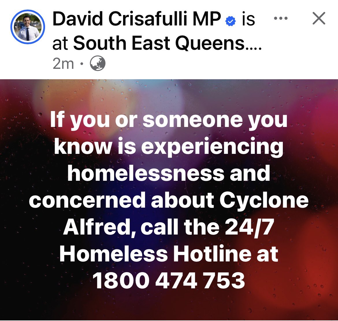 If you are homeless and affected by the Qld cyclone, please call the number below.
#CycloneAlfred 
#Homeless 
#Brisbane