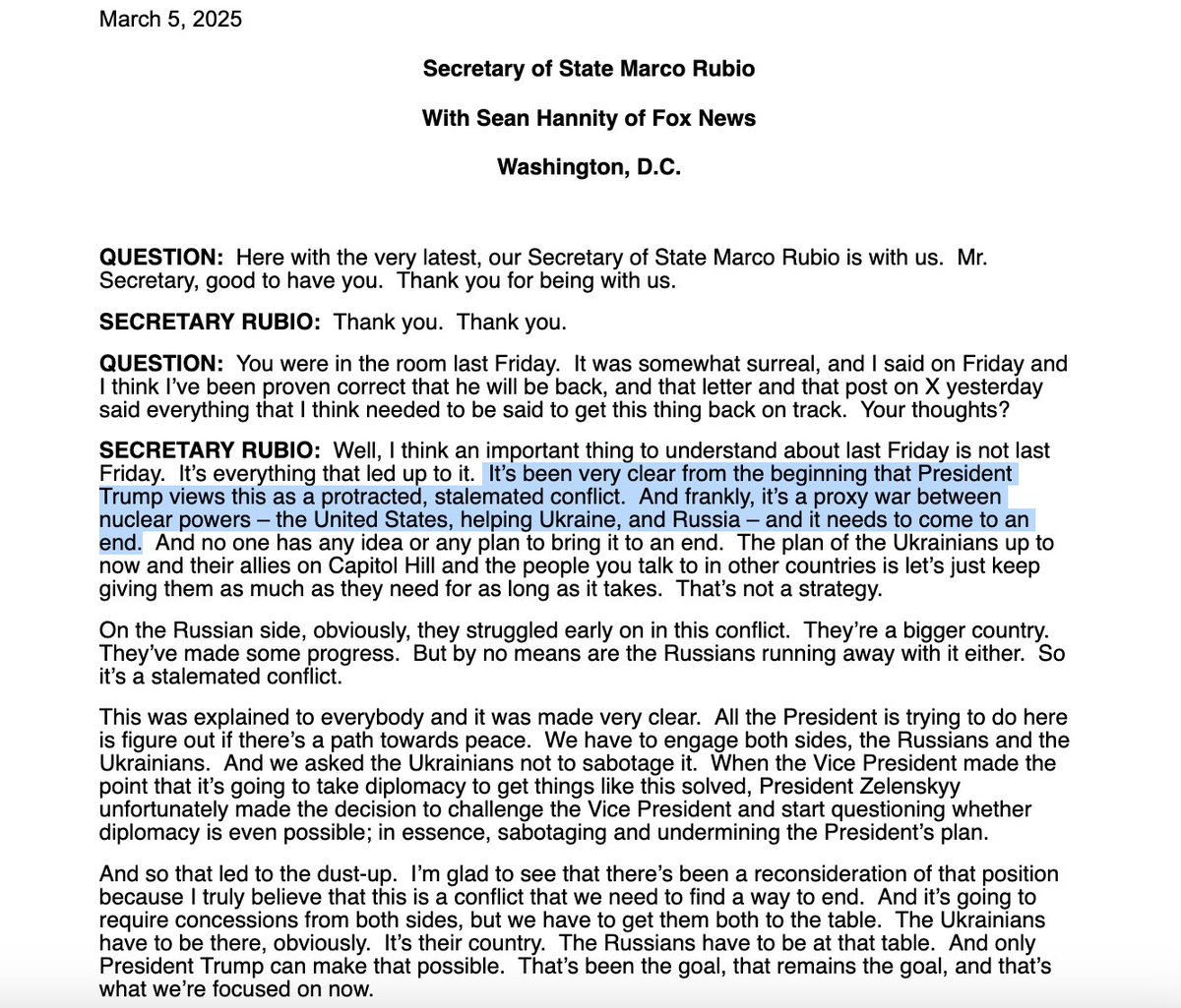 ralexdc's tweet photo. NEW!!! Secretary Rubio in an interview with Fox calls russia's war in Ukraine "a proxy war between nuclear powers – the United States, helping Ukraine, and Russia", adding "it needs to come to an end." 👇
