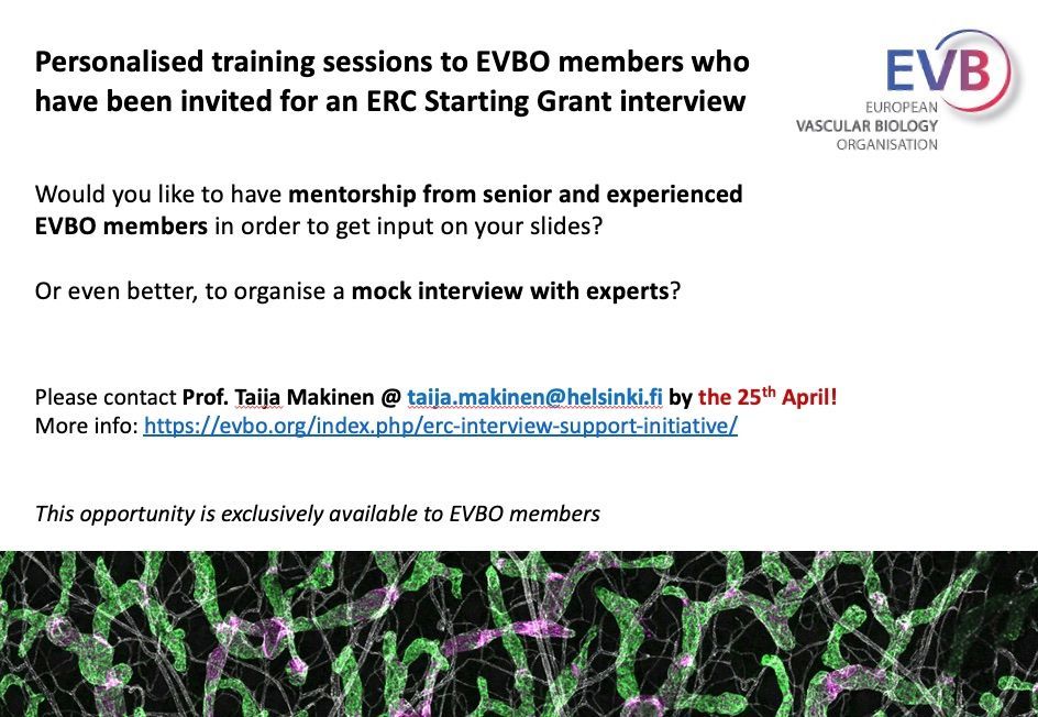 EVBO (@evb_org) on Twitter photo EVBO is offering personalised #training for #EVBOmembers for ERC Starting Grant interview.
We want EVBO research to be funded by the ERC!
If interested, contact Prof. Taija Makinen @ taija.makinen@igp.uu.se by the 25th April.
More info: buff.ly/dexAhf7 EVBO is offering personalised #training for #EVBOmembers for ERC Starting Grant interview.
We want EVBO research to be funded by the ERC!
If interested, contact Prof. Taija Makinen @ taija.makinen@igp.uu.se by the 25th April.
More info: buff.ly/dexAhf7