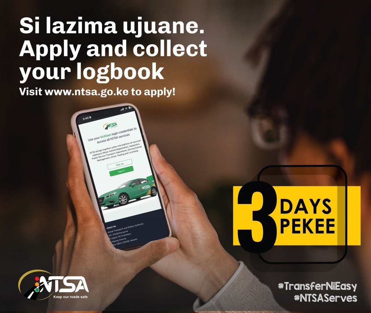 ntsa_kenya's tweet photo. Transfer of ownership is a self service process. Log into your account and initiate the application. #TransferNiEasy #3daysPekee #NTSAServes https://t.co/OjbJ4scbyu
