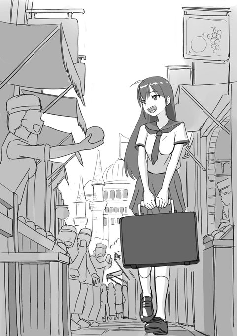 アニメ私塾QC(クイック添削)課題です。 アニメ私塾式キャラ作画ドリルの素体にキャラをのせました。 背景は写真を参考に描きました。 作業時間2時間8分でした。