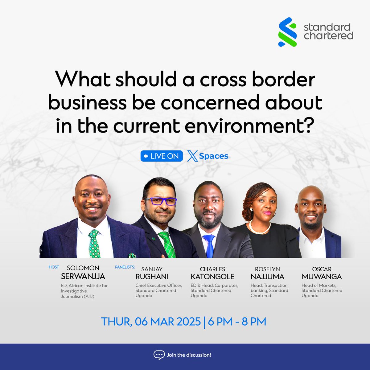 Standard Chartered UG (@stanchartuga) on Twitter photo Join us LIVE on X Spaces from 6 PM - 8 PM as we discuss the key concerns for cross-border businesses in today’s dynamic environment.
Hosted by <a href="/SolomonSerwanjj/">Solomon Serwanjja</a>, with expert insights from <a href="/srughani/">Sanjay Rughani</a>, Charles Katongole, Roselyn Najjuma, and Oscar Muwanga—this is a conversation you Join us LIVE on X Spaces from 6 PM - 8 PM as we discuss the key concerns for cross-border businesses in today’s dynamic environment.
Hosted by <a href="/SolomonSerwanjj/">Solomon Serwanjja</a>, with expert insights from <a href="/srughani/">Sanjay Rughani</a>, Charles Katongole, Roselyn Najjuma, and Oscar Muwanga—this is a conversation you