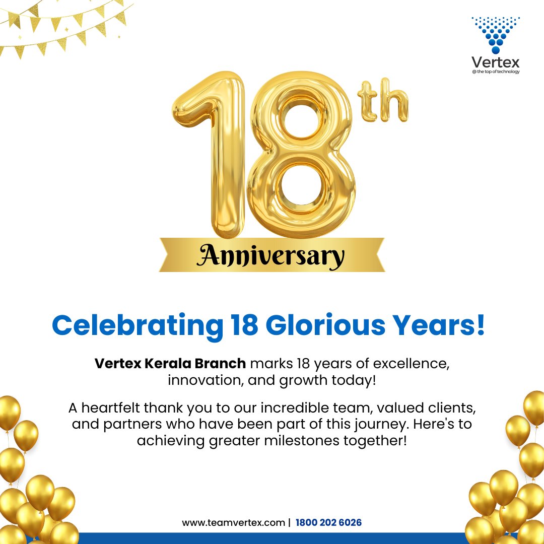 vertex_techsol's tweet image. 🎉18 Years of Excellence – Vertex Kerala Branch!🎉

From humble beginnings to becoming a trusted name in the industry, this journey wouldn’t have been possible without our dedicated team, valued clients, and supportive partners.

#vertex #kerala
