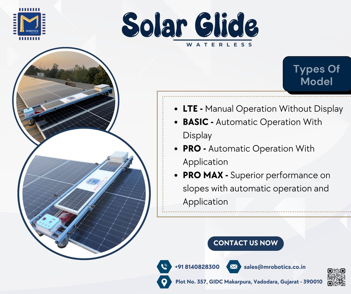 mrobotics_PLTD's tweet image. SOLAR GLIDE – Waterless Solar Panel Cleaning Robot! 🌞✨ Efficient, eco-friendly, and easy-to-use. Available in LTE, BASIC, PRO &amp;amp; PRO MAX models with smart app control.
📧 sales@mrobotics.co.in
📞 8140828300
📍 MRobotics Pvt Ltd, Vadodara 

 #SolarGlide #SolarPanelCleaning