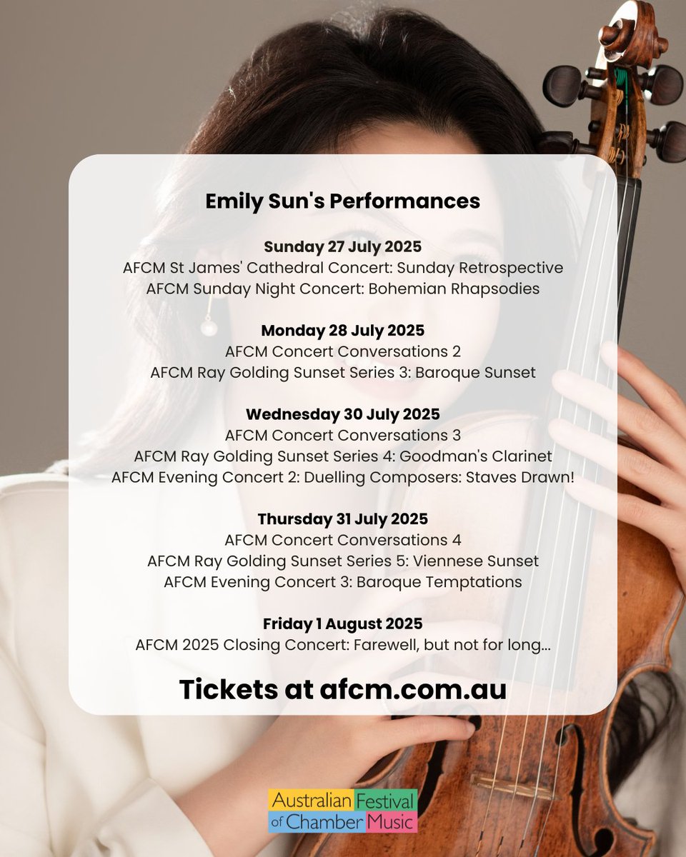 🎻Delighted to welcome #violinist Emily Sun to #AFCM 2025! Emily captivates audiences with her breathtaking performances.  Including at Buckingham Palace for the Royal Gala in the presence of King Charles III.
🎫 See Emily live afcm.com.au/afcm-festival/…
 #ChamberMusic #MusicLovers