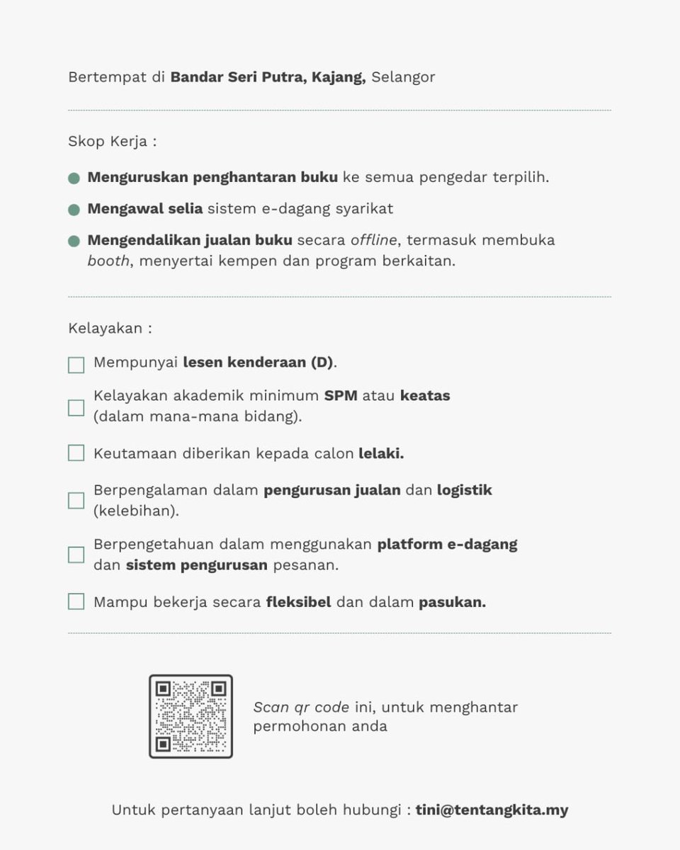 Jawatan kosong di Tentang Kita

Kami nak tambah lagi bilangan tim Tentang Kita. Dan jika anda berminat, boleh baca syarat permohonan yang kami dah letak ya. 

Tarikh tutup permohonan: 14 Mac 2025

#tentangkita