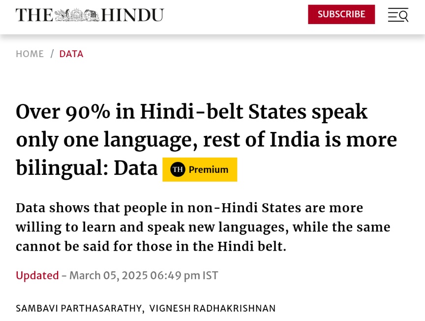 DevKChe's tweet photo. The agenda is as simple that, while 90% of people from Hindi-belt states speak only one language (#Hindi) and doesn't learn a second language for communication with southern states, they expect the southern states to learn Hindi as a third language. https://t.co/hg8KFf1UaW