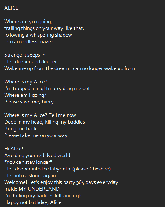 azcasky's tweet photo. ALICE English Lyrics
"Happy not birthday, Alice"
#ONEWE https://t.co/grUrnQXP53