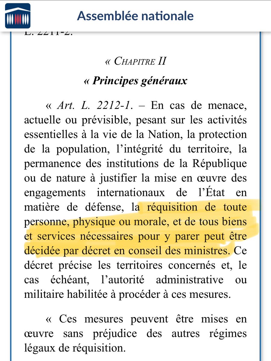 Je rappelle à tous que la loi de programmation militaire a été remaniée en 2023, et que le premier ministre peut désormais sur simple décret, réquisitionner biens et personnes ! #Desobeissancecivile 

assemblee-nationale.fr/dyn/16/textes/…