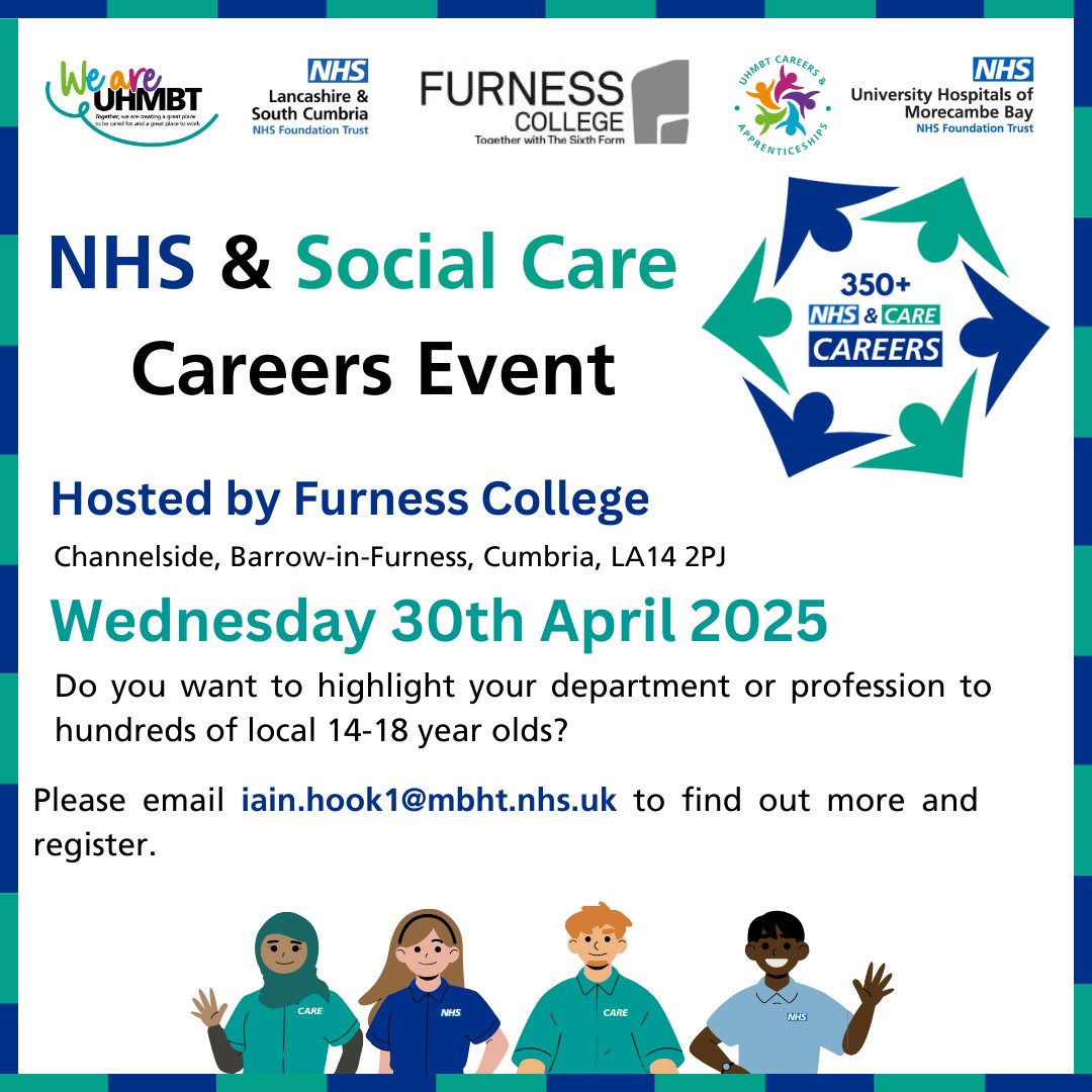 UHMBT Careers (@uhmbtcareers) on Twitter photo Dear <a href="/UHMBT/">MorecambeBayNHSTrust</a> colleagues... Let young learners know about the range of careers in Health & Social Care and showcase your department. This once-a-year opportunity to engage with 100s of Furness learners is coming soon. Please contact iain.hook1@mbht.nhs.uk to register your interest Dear <a href="/UHMBT/">MorecambeBayNHSTrust</a> colleagues... Let young learners know about the range of careers in Health & Social Care and showcase your department. This once-a-year opportunity to engage with 100s of Furness learners is coming soon. Please contact iain.hook1@mbht.nhs.uk to register your interest