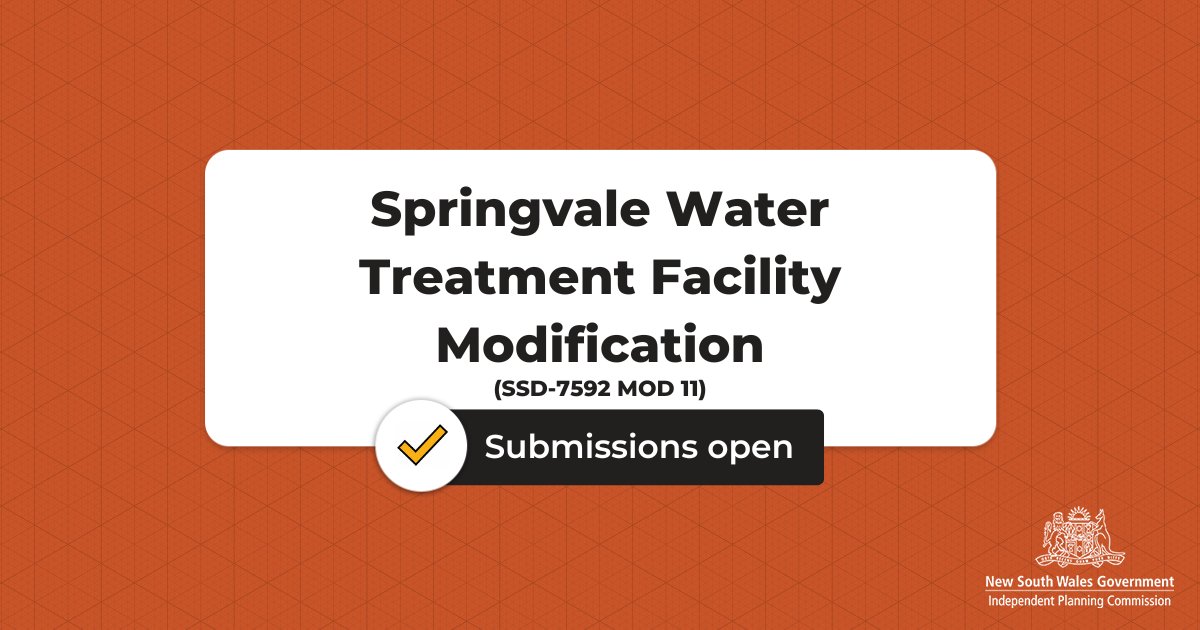 #IPCTAKEPART Submissions for Springvale Water Treatment Facility Modification (SSD-7592 MOD 11) are now open until 5:00pm Monday 24 March 2025. Make a submission here: nswdpie.tfaforms.net/wflB3y1