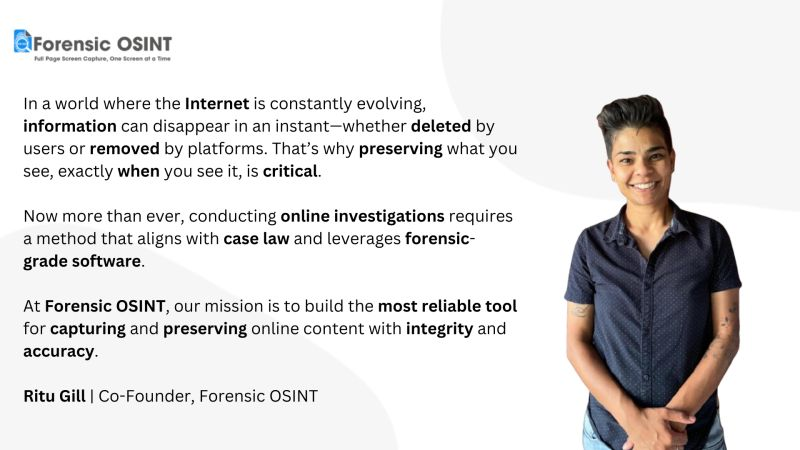 At Forensic OSINT, we are dedicated to continuous improvement. We provide a cutting-edge online documentation and evidence preservation solution for OSINT professionals. 

Our tool enhances and streamlines online investigations.