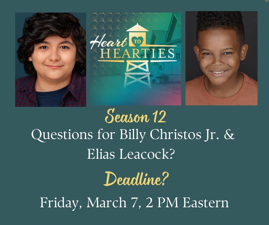 Marg (@margstark) on Twitter photo Quick turnaround #Hearties! Ask the talented <a href="/BillyChristosJr/">Billy Christos Jr</a> & #eliasleacock your pressing questions about Toby & Cooper! Deadline is Friday so submit your question, one per Heartie, with your hometown to officialhearties@gmail.com. So excited to host these two comic book fans! Quick turnaround #Hearties! Ask the talented <a href="/BillyChristosJr/">Billy Christos Jr</a> & #eliasleacock your pressing questions about Toby & Cooper! Deadline is Friday so submit your question, one per Heartie, with your hometown to officialhearties@gmail.com. So excited to host these two comic book fans!