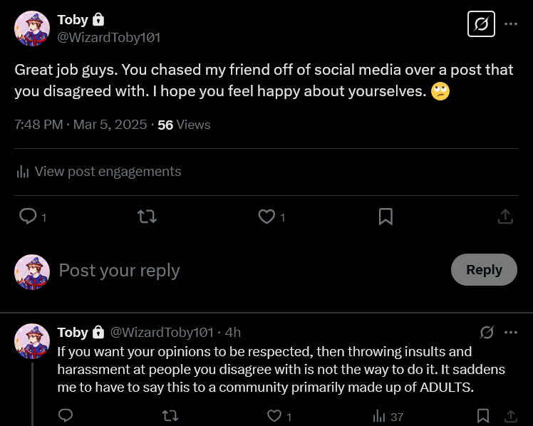 WizardToby101's tweet photo. The damage has been done. You guys won. You chased out Edward Lifegem. His presence in the community was one of unity with his various events for ALL wizards &amp; pirates to enjoy. But you turned your daggers against him once he expressed an opinion you didn't like. https://t.co/aJE4EGVwZY