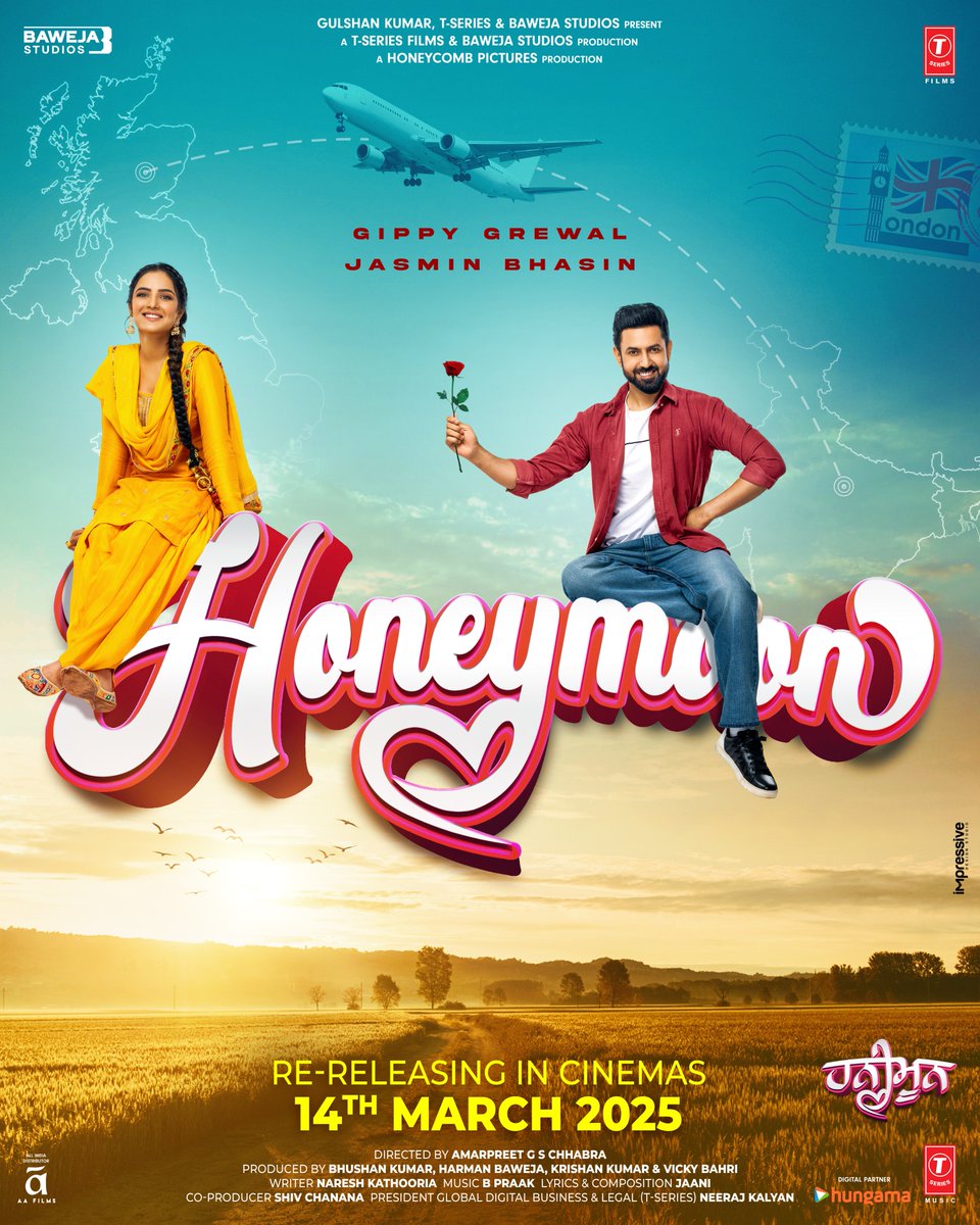 T-Series (@tseries) on Twitter photo Love, laughter, and a trip to remember! ✨
#Honeymoon re-releasing in theatres near you on 14th March! 🎬🎉
<a href="/GippyGrewal/">Gippy Grewal</a> <a href="/jasminbhasin/">Jasmine bhasin</a> <a href="/amarpreet1/">Amarpreet Chhabra</a> #JassiMaan #RajDhaliwal #HarinderBhullar #JyotiArora #SukhwinderChahal #MeenuPahwa #NamrataThapa #SharanpreetKaurMatharoo Love, laughter, and a trip to remember! ✨
#Honeymoon re-releasing in theatres near you on 14th March! 🎬🎉
<a href="/GippyGrewal/">Gippy Grewal</a> <a href="/jasminbhasin/">Jasmine bhasin</a> <a href="/amarpreet1/">Amarpreet Chhabra</a> #JassiMaan #RajDhaliwal #HarinderBhullar #JyotiArora #SukhwinderChahal #MeenuPahwa #NamrataThapa #SharanpreetKaurMatharoo