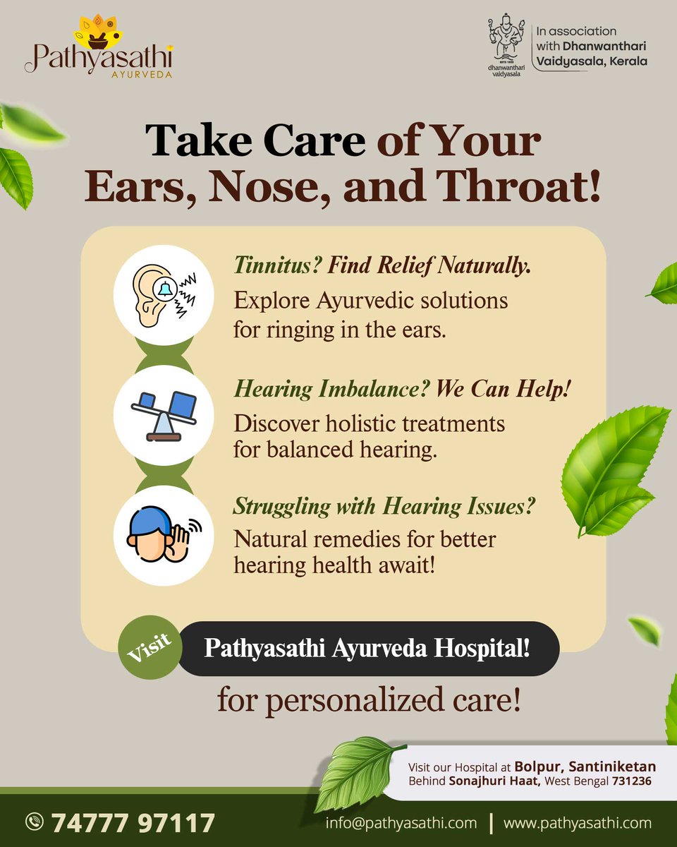 PathyaSathi's tweet photo. Suffering from Tinnitus, hearing imbalance, or other ear issues? Find natural Ayurvedic relief at Pathyasathi Ayurveda Hospital!
For appointments, visit us: https://t.co/gZo6EZ0uJN or call us at 074777 97117
#TinnitusRelief #NaturalRemedies #HolisticHealth #PathyasathiAyurveda https://t.co/20ACFEZQY7